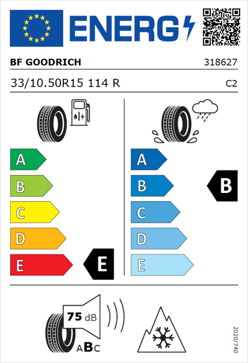 Tyre Label for BF Goodrich All Terrain T/A KO2 RWL 33/10.50R15 114R