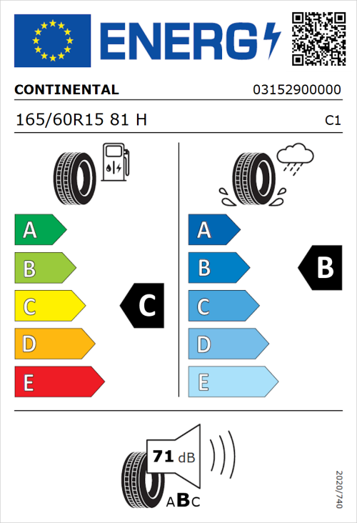 Tyre Label for Continental ContiEcoContact 5 165/60R15 81H